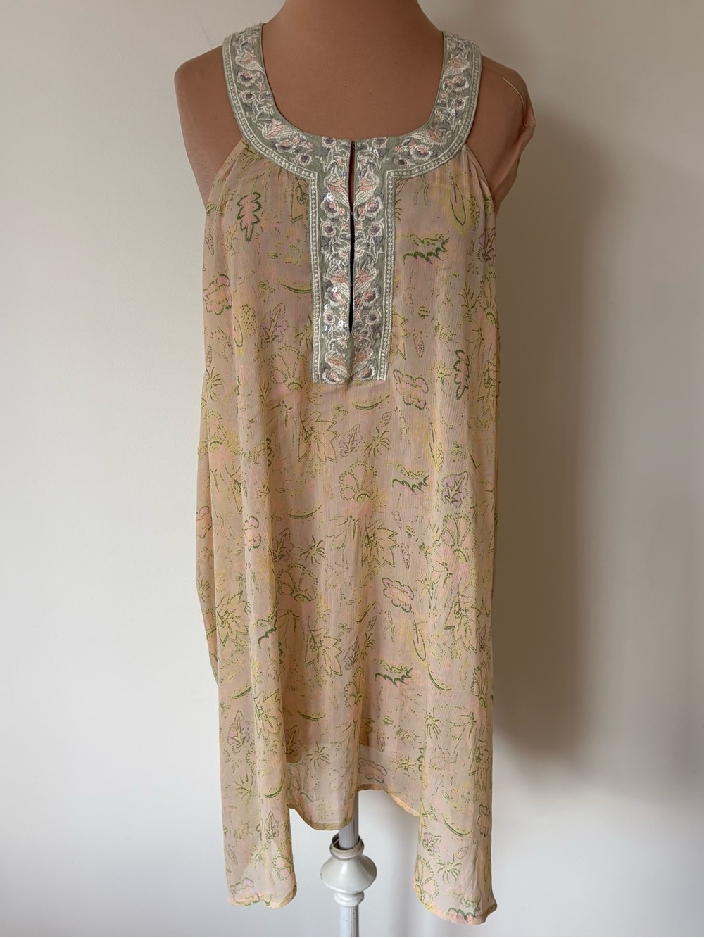 Free People Floral Etherial Shapeless Embellished Neckline Yellow Dress Size M